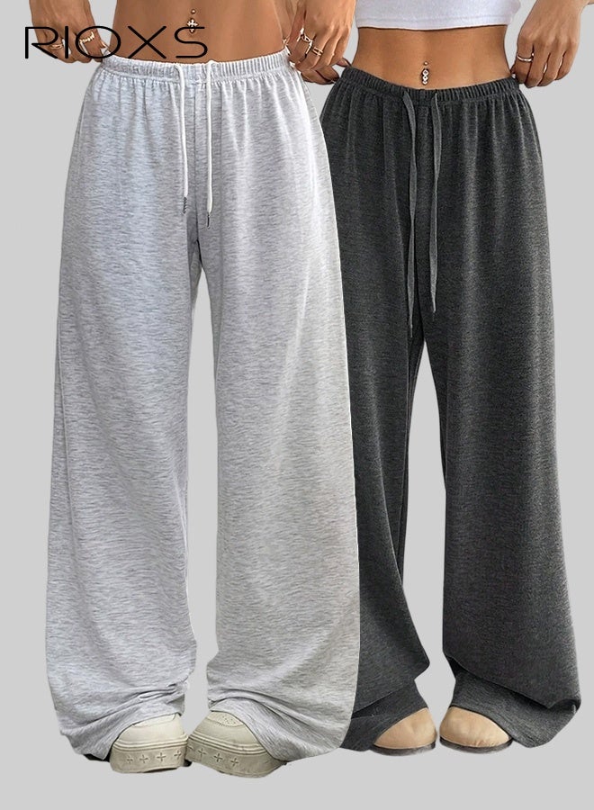 RIOXS 2 Pcs Men's Baggy Sweatpants, Straight Wide Leg Elastic Drawstring Waist Athletic Sweatpants with Pockets, Loose Fit Lounge Track Pants, Spring Fall Soft Breathable Sports Pants Workout Open Bottom Trousers, for Hiking, Runnig, Yoga, Biking, Daily Wear, Dark Grey + Light Grey - Image 1
