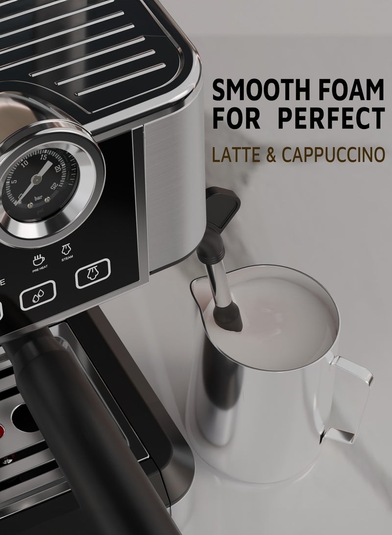 ليبرسو ماكينة صنع قهوة اسبريسو بغلاية مزدوجة / فوهة رغوة الحليب / اغلاق تلقائي / مطحنة قابلة للتعديل / مقياس ضغط / ماكينة صنع قهوة بسعة خزان كبيرة / سخان أكواب - فضي - Image 3