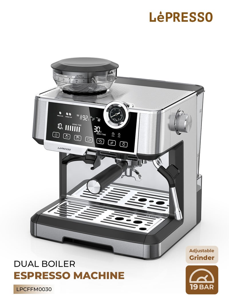 LePRESSO Espresso Coffee Machine Dual Boiler /Coffee Maker with Milk Frother Nozzle / Automatic Shutdown / Adjustable Grinder /Pressure Gauge / Large Tank Capacity /Cup Warmer - Silver - Image 1
