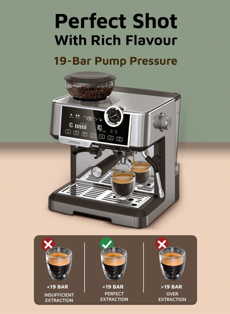 LePRESSO Espresso Coffee Machine Dual Boiler, Coffee Maker with Milk Frother Nozzle, Automatic Shutdown, Adjustable Grinder, Pressure Gauge, Large Tank Capacity, Cup Warmer - Silver - Image 4