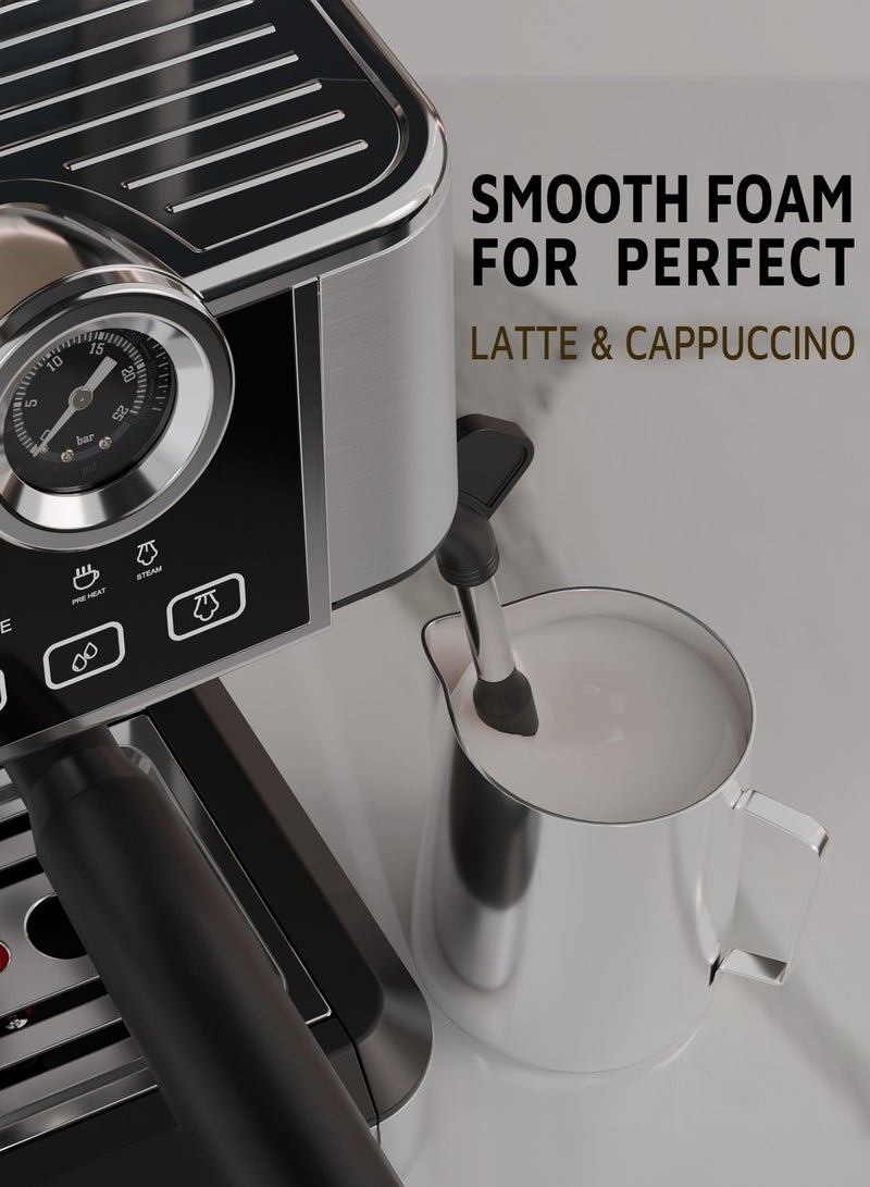 LePRESSO Espresso Coffee Machine Dual Boiler, Coffee Maker with Milk Frother Nozzle, Automatic Shutdown, Adjustable Grinder, Pressure Gauge, Large Tank Capacity, Cup Warmer - Silver - Image 3