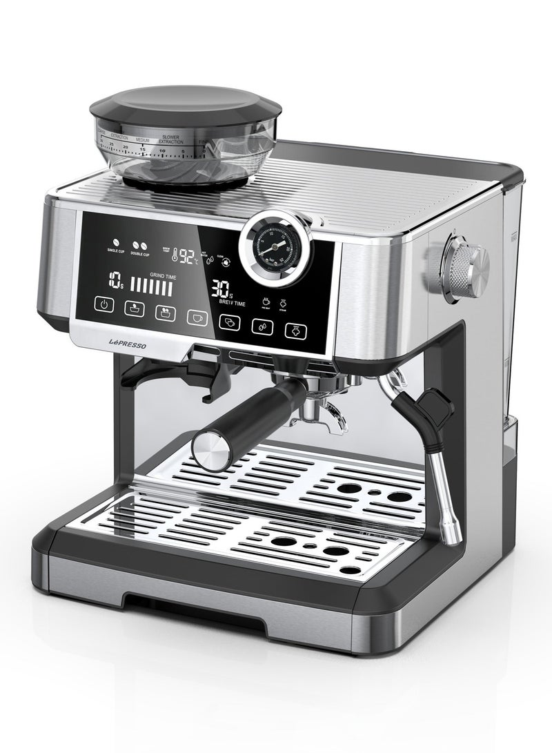 LePRESSO Espresso Coffee Machine Dual Boiler, Coffee Maker with Milk Frother Nozzle, Automatic Shutdown, Adjustable Grinder, Pressure Gauge, Large Tank Capacity, Cup Warmer - Silver - Image 1
