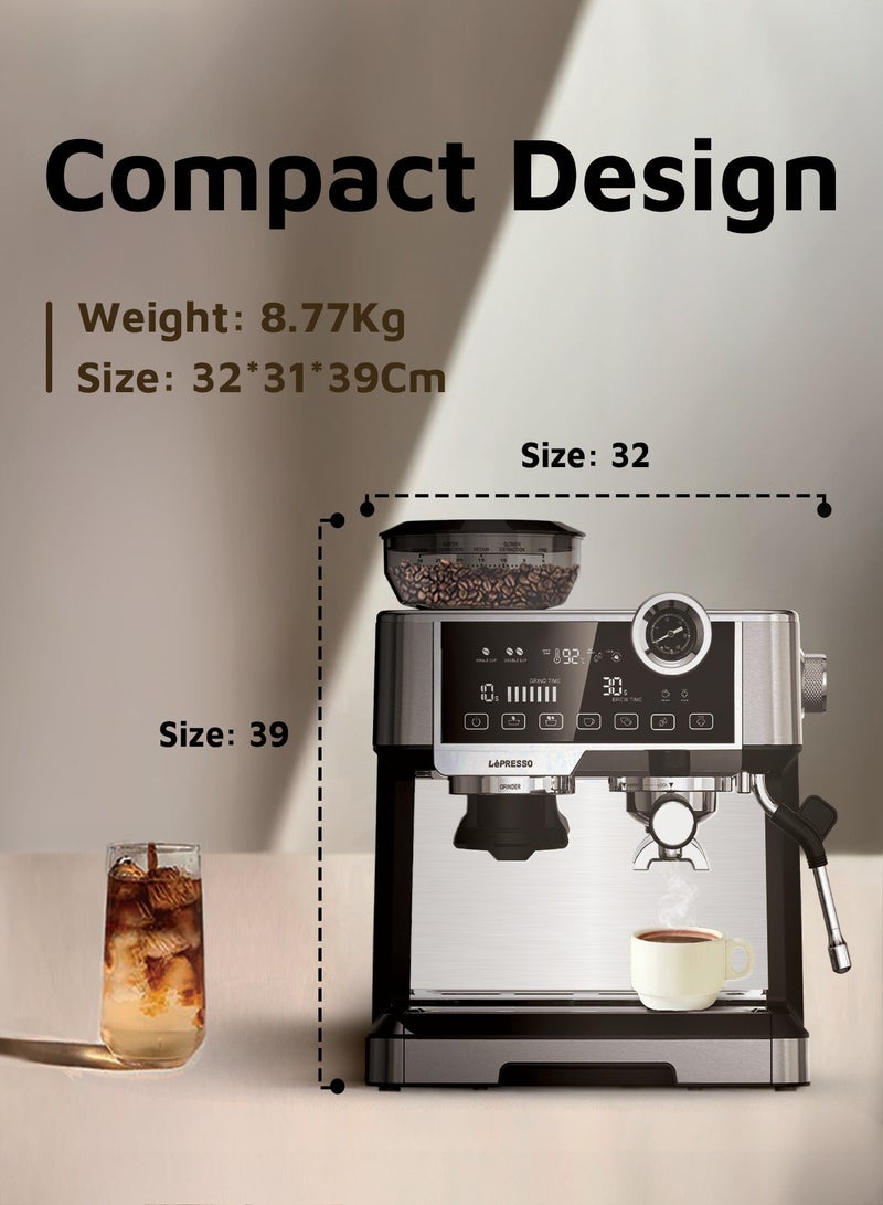 LePRESSO Espresso Coffee Machine Dual Boiler, Coffee Maker with Milk Frother Nozzle, Automatic Shutdown, Adjustable Grinder, Pressure Gauge, Large Tank Capacity, Cup Warmer - Silver - Image 5