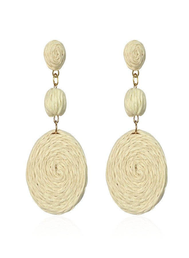 GBAHFY Raffia Round Earrings for Women Geometric Statement Boho Straw Raffia Ball Drop Earrings (White) - Image 1
