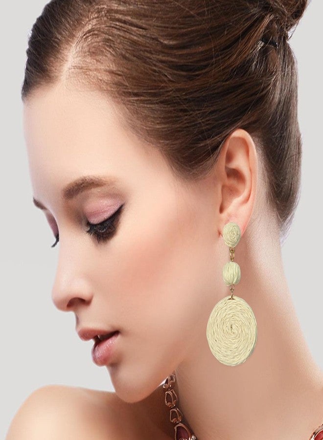GBAHFY Raffia Round Earrings for Women Geometric Statement Boho Straw Raffia Ball Drop Earrings (White) - Image 3