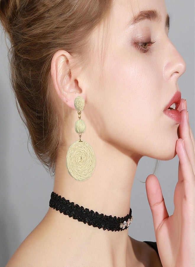 GBAHFY Raffia Round Earrings for Women Geometric Statement Boho Straw Raffia Ball Drop Earrings (White) - Image 2