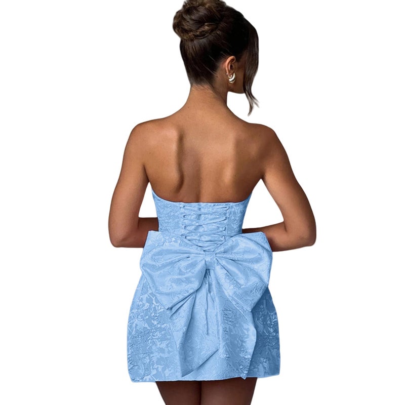 ZGMYC Jacquard Satin Homecoming Dress with Bow Elegant Strapless Mini Dress A Line Short Prom Dresses Party Gown Light Blue - Image 1