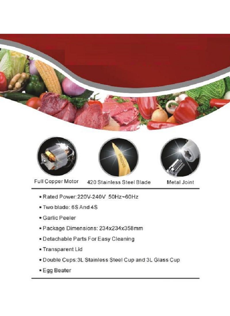 NOVA - 2 in 1 Electric Meat Grinder & Food Processor Chopper | 3L Stainless Steel & Glass Cup | 400W Kitchen Appliance for Efficient Cooking" - Image 1