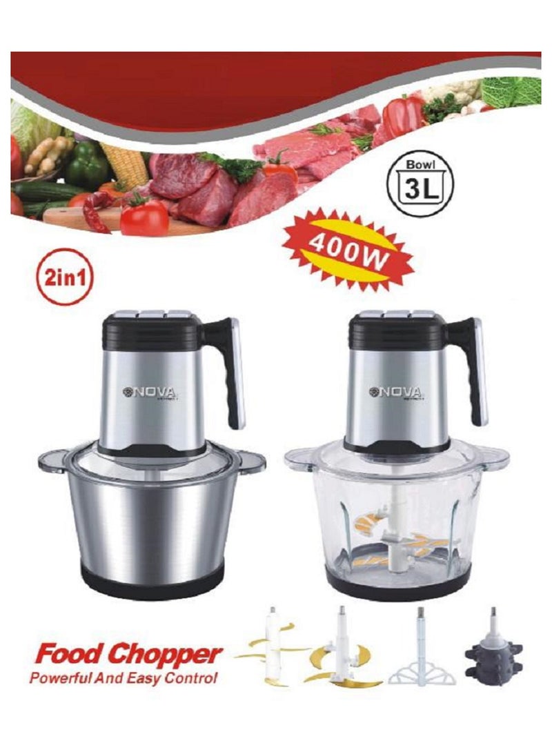 NOVA - 2 in 1 Electric Meat Grinder & Food Processor Chopper | 3L Stainless Steel & Glass Cup | 400W Kitchen Appliance for Efficient Cooking" - Image 1