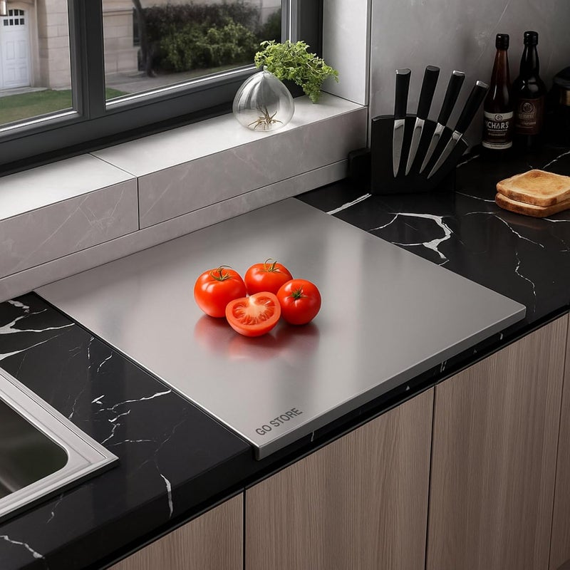GO Store Premium (35 X 30 CM) StainlessSteel Countertop Chopping Board for Kitchen, Food-Grade Stainless Steel, Ideal for Vegetables, Fruits, Meat, Baking, Non-Slip, Anti-Bacterial - Image 1