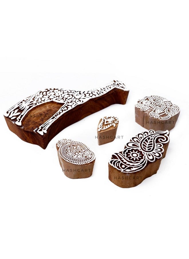 Hashcart Hashcart | Set of 5 | Wooden Handcarved Designer Blocks for Printing/Stamps for Mahndi/Saree Border/Scrapbooking/Fabric Textile Paper/Kids/Art Work  - Image 1