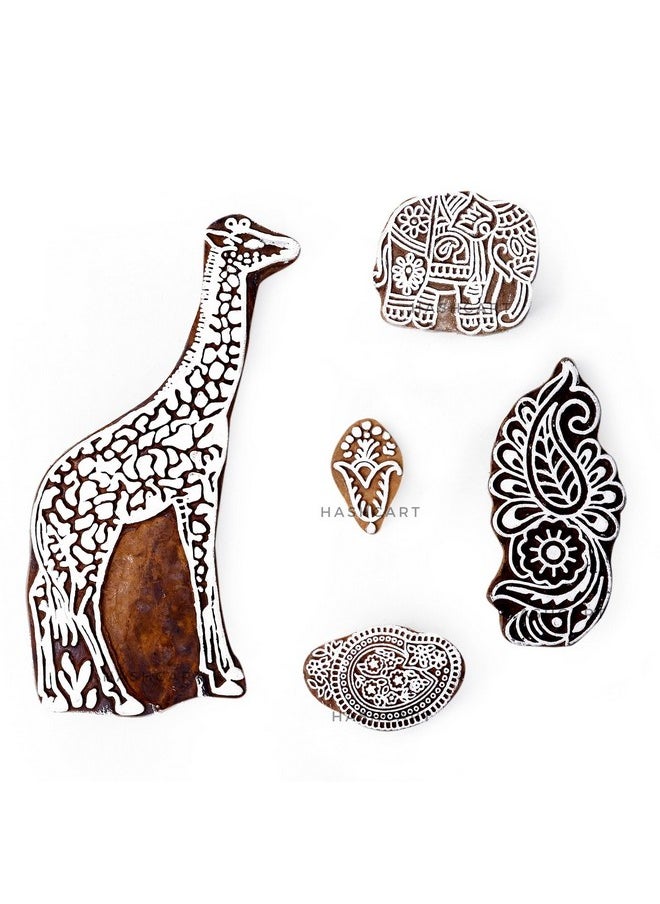 Hashcart Hashcart | Set of 5 | Wooden Handcarved Designer Blocks for Printing/Stamps for Mahndi/Saree Border/Scrapbooking/Fabric Textile Paper/Kids/Art Work  - Image 2