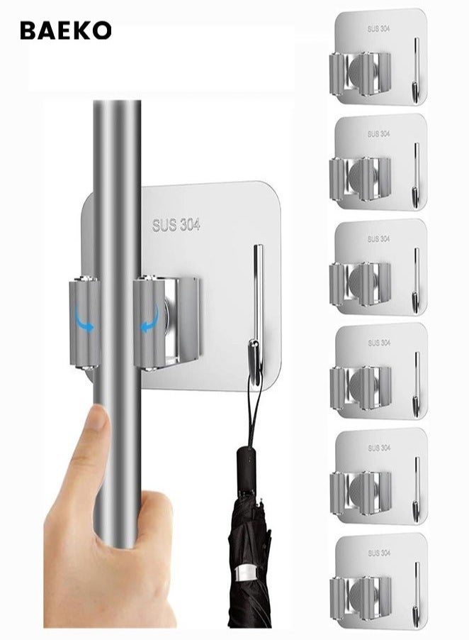 BAEKO Broom Holder Wall Mount, 6 Pack Anti-Slip Broom Holder, Mop and Broom Holder Wall Mount, Self Adhesive Broom Organizer Hanger Gripper for Bathroom Kitchen Closet Garage Garden - Image 1