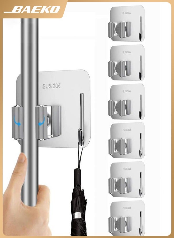 BAEKO Broom Holder Wall Mount, 6 Pack Anti-Slip Broom Holder, Mop and Broom Holder Wall Mount, Self Adhesive Broom Organizer Hanger Gripper for Bathroom Kitchen Closet Garage Garden - Image 1