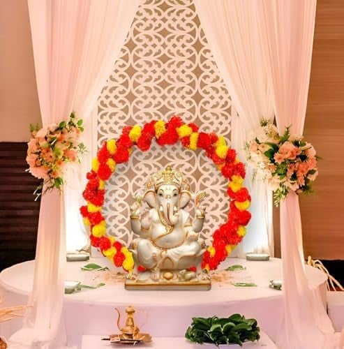 SpecialYou.in Special You Ganpati Decoration Items for Home with Marigold garland White Backdrop Stand Ganpati Decoration mandap Ganesh Chaturthi Decoration Items PVC Backdrop for Pooja Room Decor Items 5pcs