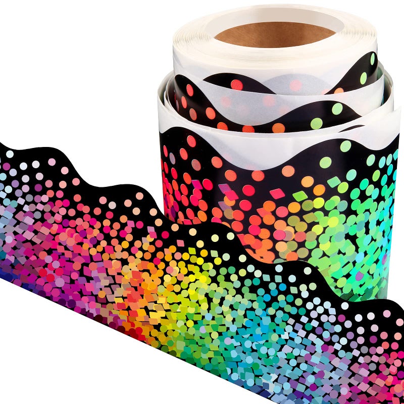 Tenare Bulletin Board Border Self Adhesive Black Confetti Border Colorful Dot Scalloped Rolled Trim for Decorate Bulletin Boards Back to School Decorations Classroom Offices Walls Desks Windows - Image 1