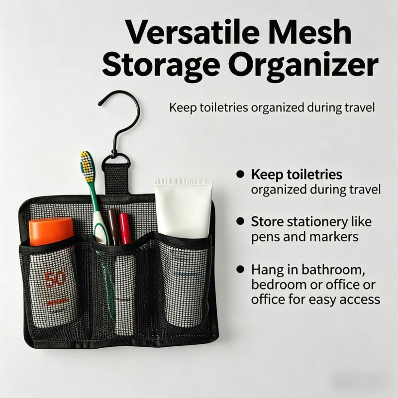 Portable Mesh Shower Caddy With Swivel Hooks Hanging Bathroom Storage Bag For Travel And Shower Use 3 Section Toiletry Organizer Ideal For Gym Dorm Camping And Daily Use Black - Image 2