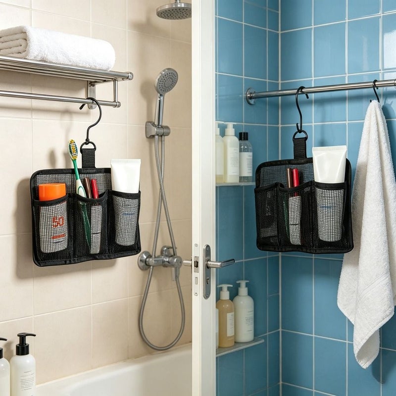 Portable Mesh Shower Caddy With Swivel Hooks Hanging Bathroom Storage Bag For Travel And Shower Use 3 Section Toiletry Organizer Ideal For Gym Dorm Camping And Daily Use Black - Image 3