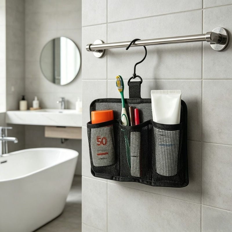 Portable Mesh Shower Caddy With Swivel Hooks Hanging Bathroom Storage Bag For Travel And Shower Use 3 Section Toiletry Organizer Ideal For Gym Dorm Camping And Daily Use Black - Image 5