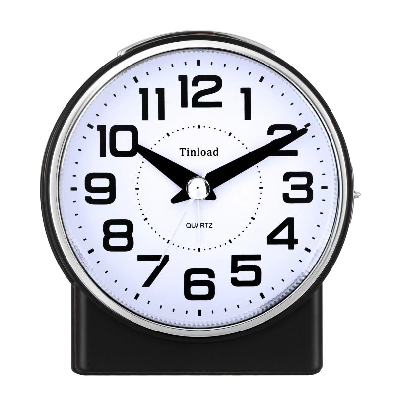 Tinload 4.3" No Ticking Analog Alarm Clock,Silent Readable for Seniors,Easy to Set,Gradual Rise Alarm,Big Numbers,On/Off Switch on Side,Gentle Wake,Snooze,Lighted on Demand,Battery Operated,Black - Image 1