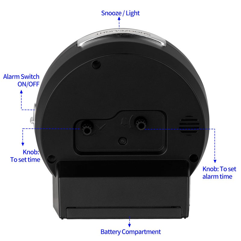 Tinload 4.3" No Ticking Analog Alarm Clock,Silent Readable for Seniors,Easy to Set,Gradual Rise Alarm,Big Numbers,On/Off Switch on Side,Gentle Wake,Snooze,Lighted on Demand,Battery Operated,Black - Image 2