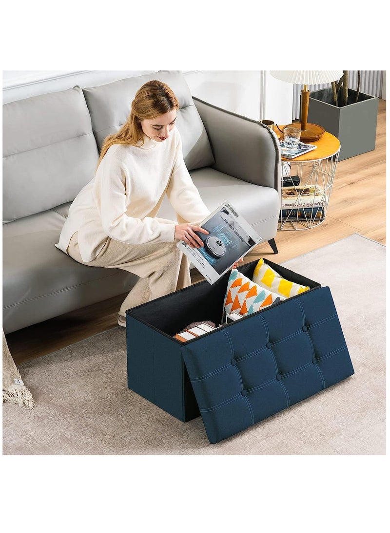 Arabest مخزن عثماني قابل للطي 30 بوصة، بنش عثماني بسعة 80 لتر، مقعد مسند للقدم مع صناديق تخزين مخفية، صدر تخزين من قماش الكتان ومقعد مبطن لغرفة النوم وغرفة المعيشة، يدعم 350 رطل (أزرق داكن) - Image 3