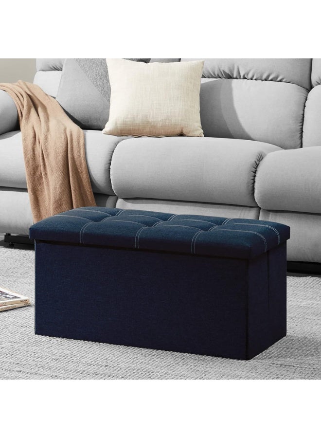Arabest مخزن عثماني قابل للطي 30 بوصة، بنش عثماني بسعة 80 لتر، مقعد مسند للقدم مع صناديق تخزين مخفية، صدر تخزين من قماش الكتان ومقعد مبطن لغرفة النوم وغرفة المعيشة، يدعم 350 رطل (أزرق داكن) - Image 1
