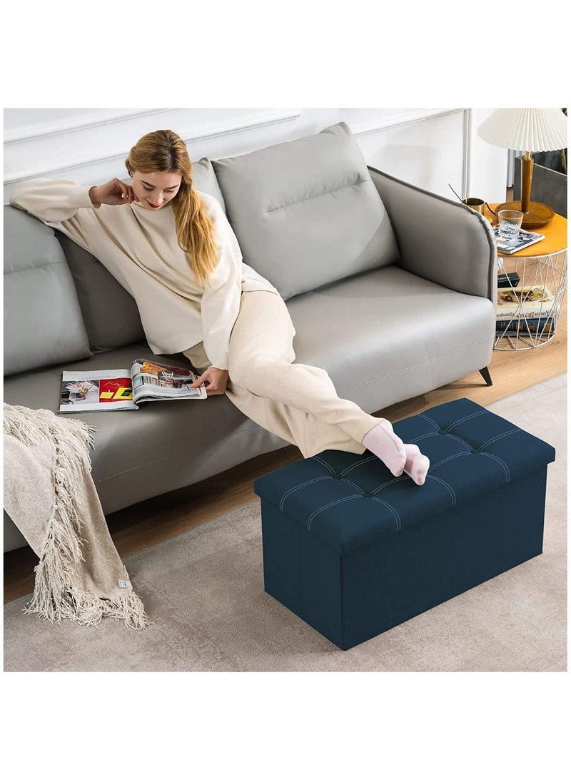 Arabest 30 inches Folding Storage Ottoman, 80L Ottoman Bench Footrest Stool with Hidden Storage Boxes, Linen Fabric Storage Chest Padded Seat for Bedroom and Living Room, Support 350lbs (Dark Blue)  - Image 4