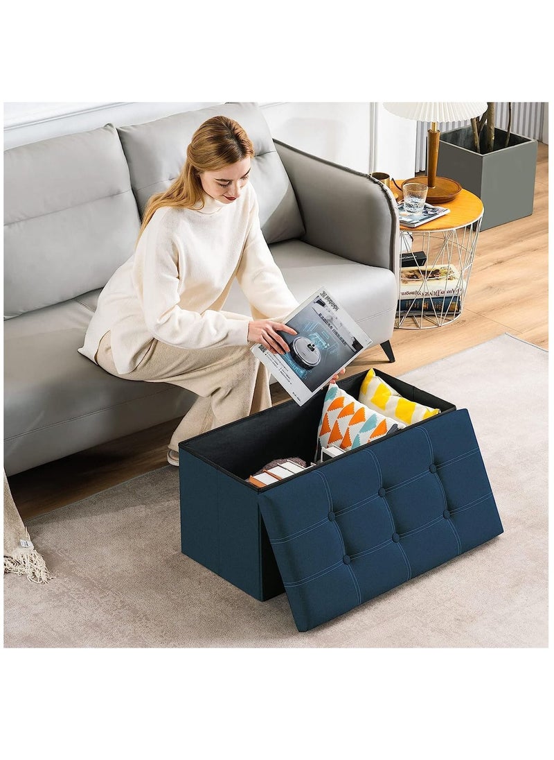Arabest 30 inches Folding Storage Ottoman, 80L Ottoman Bench Footrest Stool with Hidden Storage Boxes, Linen Fabric Storage Chest Padded Seat for Bedroom and Living Room, Support 350lbs (Dark Blue)  - Image 2