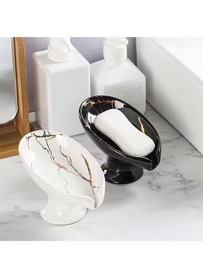 لياكم حامل صابون، طبق صابون صغير، حامل صابون ذاتي التصريف لحوض الحمام، سيراميك صرف على شكل ورقة شجر بلمسة نهائية رخامية، طبق صابون مزخرف، بدون قاعدة شفط. - Image 3