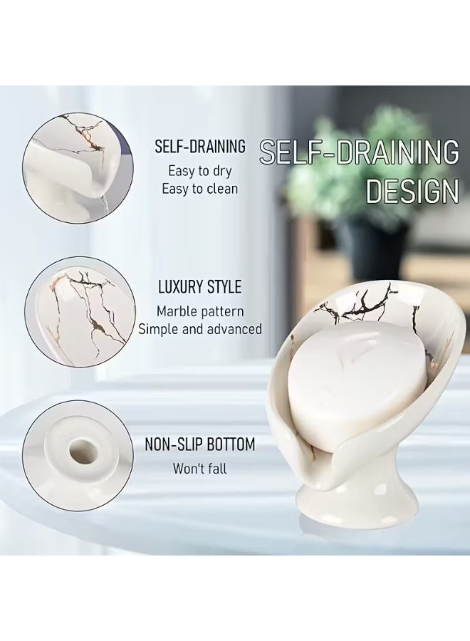 لياكم حامل صابون، طبق صابون صغير، حامل صابون ذاتي التصريف لحوض الحمام، سيراميك صرف على شكل ورقة شجر بلمسة نهائية رخامية، طبق صابون مزخرف، بدون قاعدة شفط. - Image 2