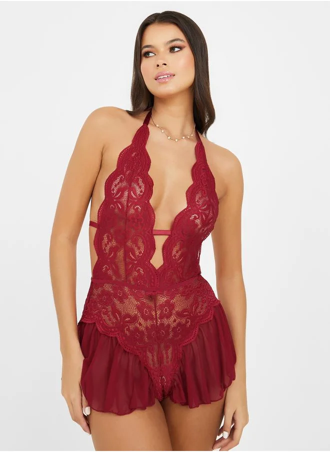 ستايلي All Lace Deep Plunge Side Ruffle Detail Bodysuit