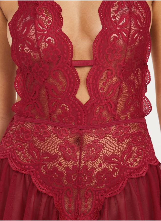 All Lace Deep Plunge Side Ruffle Detail Bodysuit