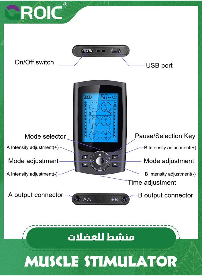 GROIC - TENS Machine,Dual Channel TENS EMS Unit 24 Modes Muscle Stimulator for Pain Relief Therapy, Electronic Pulse Massager Muscle Massager with 10 Pads, Dust-Proof Drawstring Storage Bag - Image 1
