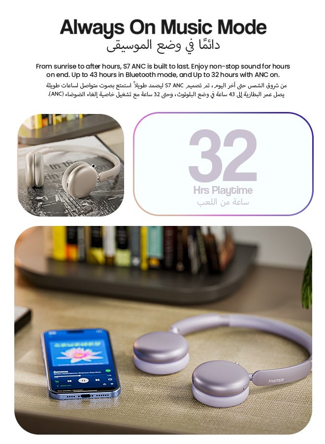 Faster S7 Soluna Wireless Headphones, Bluetooth 5.4 Headset, 43H Playtime (32H with ANC), Over-Ear Headphones, 40mm Drivers, LED Indicator, Voice Assistant, Calls, Game & Music Mode, Type-C Charging (Silver) - Image 5