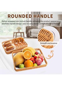 Generic Set of 2 Hand-Woven Rattan Storage Basket with Handles, Rectangle Food Serving Tray, Imitation Rattan Tray for Kitchen Counter, Living Room, Bathroom, Outdoor Activities, 2 Sizes  - Image 3