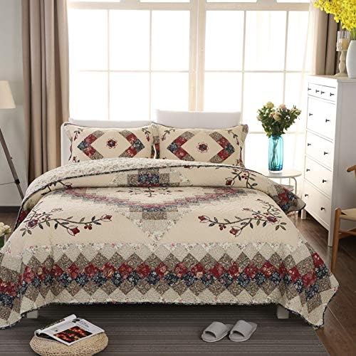 Jameswish Beige Floral Embroidered Quilt Set King Size 100% Cotton Ethnic Patchwork Bedspread Coverlet Country Rustic Embroidery Reversible Geometric Bedding Cover Set Soft Cotton Comforter Cover,3pcs - Image 3