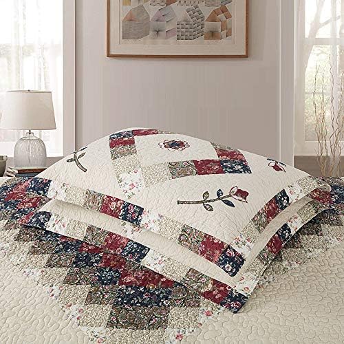 Jameswish Beige Floral Embroidered Quilt Set King Size 100% Cotton Ethnic Patchwork Bedspread Coverlet Country Rustic Embroidery Reversible Geometric Bedding Cover Set Soft Cotton Comforter Cover,3pcs - Image 5