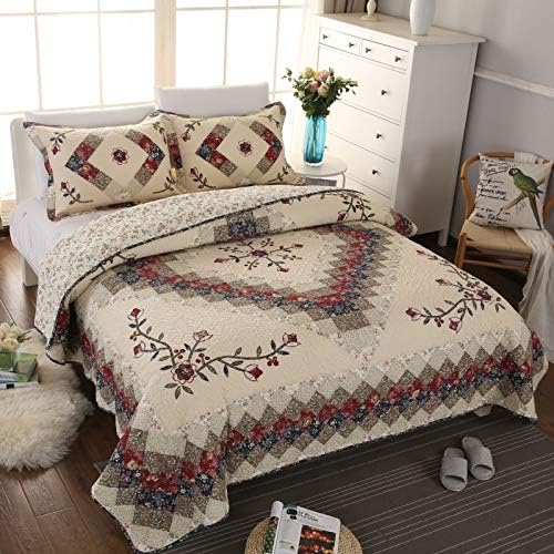 Jameswish Beige Floral Embroidered Quilt Set King Size 100% Cotton Ethnic Patchwork Bedspread Coverlet Country Rustic Embroidery Reversible Geometric Bedding Cover Set Soft Cotton Comforter Cover,3pcs - Image 2