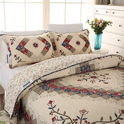 Jameswish Beige Floral Embroidered Quilt Set King Size 100% Cotton Ethnic Patchwork Bedspread Coverlet Country Rustic Embroidery Reversible Geometric Bedding Cover Set Soft Cotton Comforter Cover,3pcs - Image 4