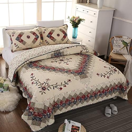Jameswish Beige Floral Embroidered Quilt Set King Size 100% Cotton Ethnic Patchwork Bedspread Coverlet Country Rustic Embroidery Reversible Geometric Bedding Cover Set Soft Cotton Comforter Cover,3pcs - Image 1