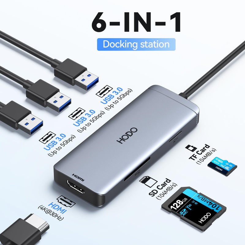 HOdo USB-C Hub Multiport Adapter for MacBook Air/Pro - 6 in 1 HDMI Dongle with 4K, USB 3.0 Ports, SD/TF Card Reader for MacBook m1/m2/m3/m4, Dell XPS, HP, Lenovo, Surface and Other Type-C Devices - Image 2