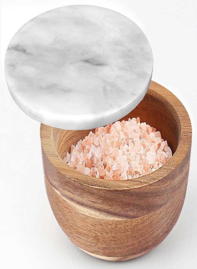 jalz jalz Large Wood Salt Box Salt cellar with Spoon Spice Salt Container salt holder Solid Natural Acacia Base White Grey Marble Lid Decorative Box Bowl Big Capacity Salt Cellar Spice Cellar - Image 1