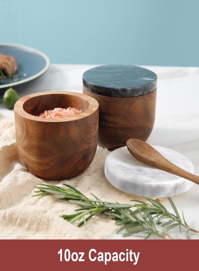 jalz jalz Large Wood Salt Box Salt cellar with Spoon Spice Salt Container salt holder Solid Natural Acacia Base White Grey Marble Lid Decorative Box Bowl Big Capacity Salt Cellar Spice Cellar - Image 3