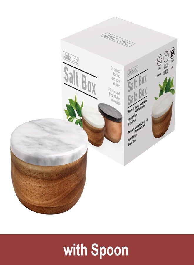 jalz jalz Large Wood Salt Box Salt cellar with Spoon Spice Salt Container salt holder Solid Natural Acacia Base White Grey Marble Lid Decorative Box Bowl Big Capacity Salt Cellar Spice Cellar - Image 2