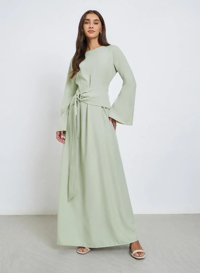 Styli Green Maxi Dress with Tie-Up Detail