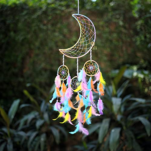 DULI Stainless Steel Moon Shape Dream Catcher Half Moon Home Decor Wall Hanging Bedroom Best for Gifts and Decoration, Wall Art for Bedrooms, Home Wall(CrescentMoonDC: PastelMulti) - Image 3