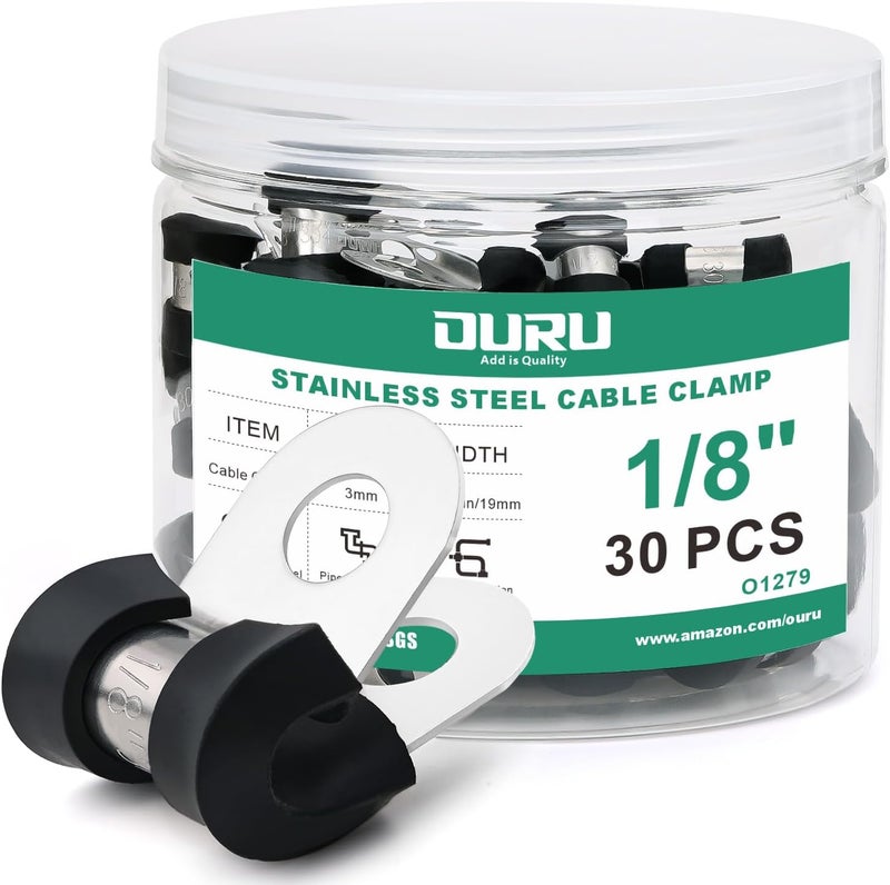 ORU 30pcs 1/8 Inch Stainless Steel Cable Clamps,Rubber Coated Cushioned Insulated Cable Clamp,Automotive Cable Wire Clamps,Pipe Clamps,Metal Clamp for Tube,Lines,Wire Cord Installation(Black,3mm) - Image 1