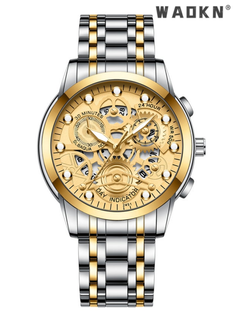 WAOKN - Men's Stainless Steel Strap Mechanical Watch Analog Display Round Gold Dial with Hollow Pattern Decoration Waterproof Luminous Wristwatch as Gift for Men, Classic Business Fashion Watch - Image 1