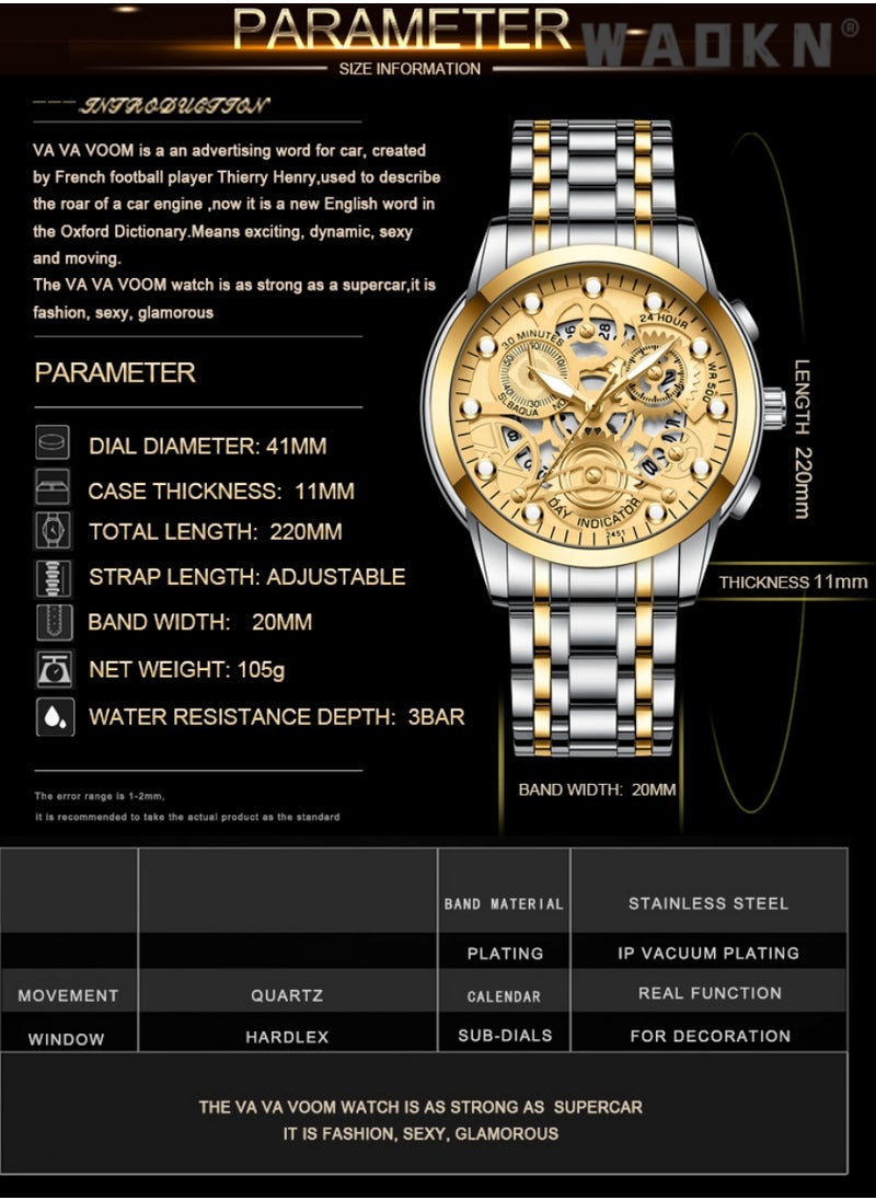 WAOKN - Men's Stainless Steel Strap Mechanical Watch Analog Display Round Gold Dial with Hollow Pattern Decoration Waterproof Luminous Wristwatch as Gift for Men, Classic Business Fashion Watch - Image 1